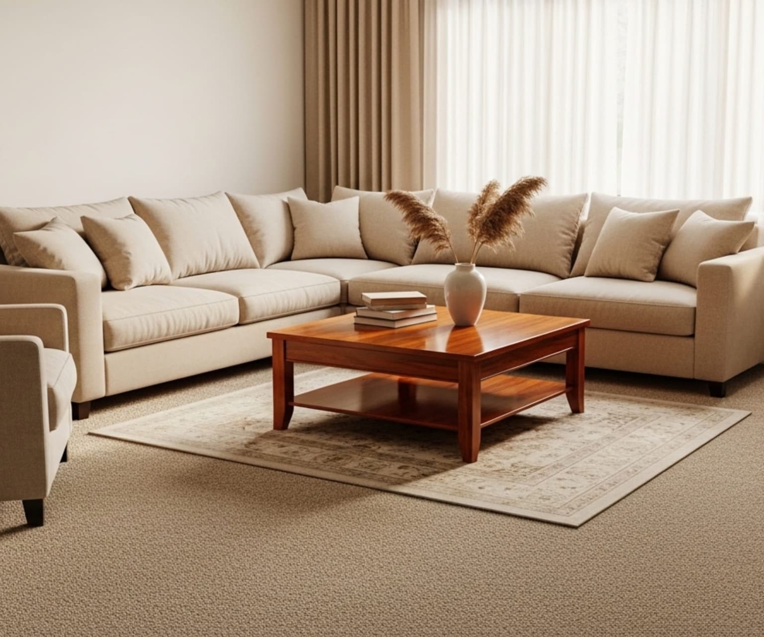 Warm living room with a cream sectional and freshly cleaned beige carpet in a Chapin, SC home