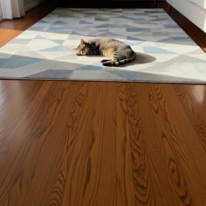 A hardwood floor with a stylish rug placed in a high-traffic pet area