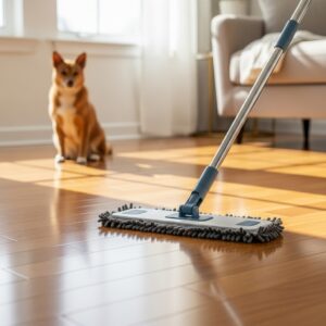 A modern microfiber mop gliding across shiny hardwood floors