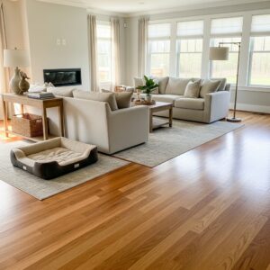 A spacious living room in a Chapin, SC home with gleaming hardwood floors