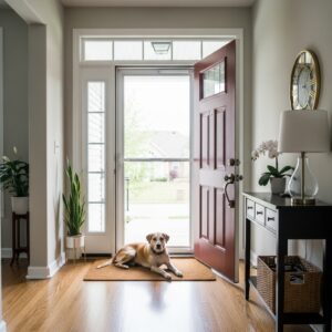 Bright entryway with a dog laying on a mat at the door, preventing dirt from entering