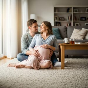 pregnant woman on fully carpeted living room with husband