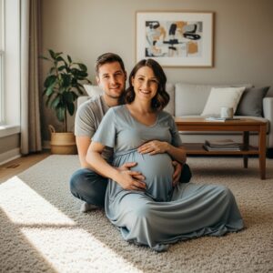 pregnant woman on fully carpeted living room with husband
